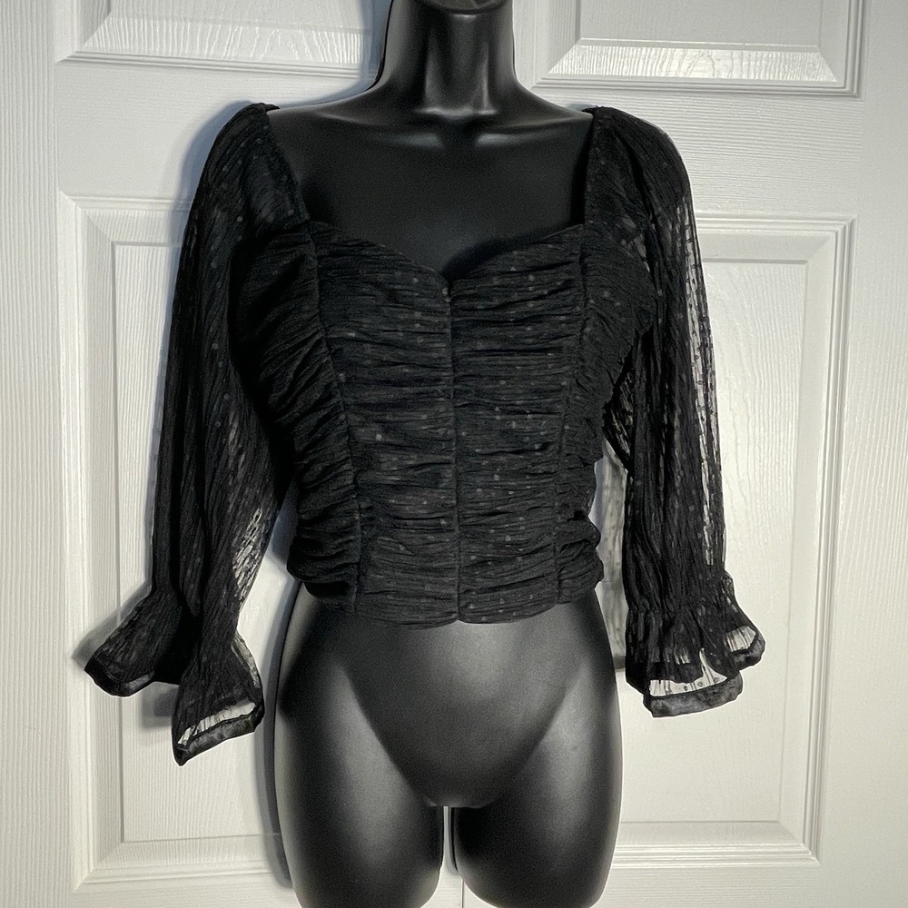 Haute Monde Shirt Womens M Black Mesh Ruched Puff Sleeve Cropped Milkmaid Blouse